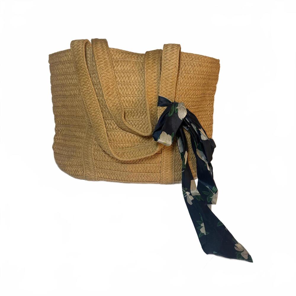 Draper James Everyday Straw Bag with Blue Floral Scarf. Snap Closure Blue Lining